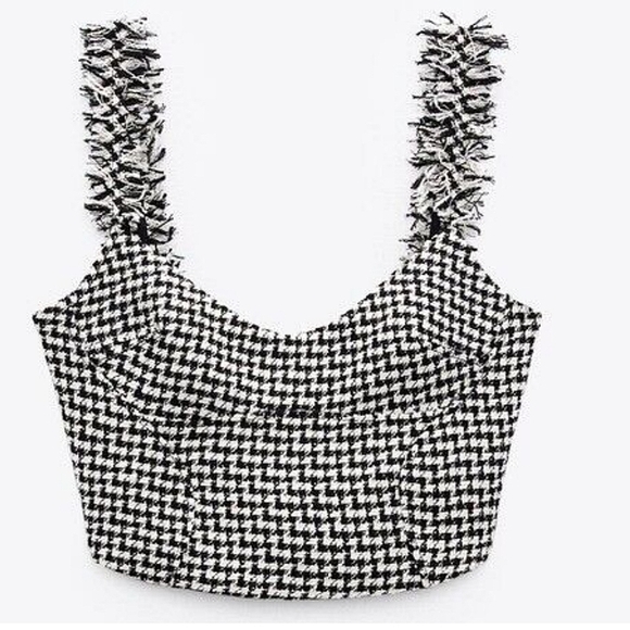 Zara Tops - NWOT ZARA HOUNDSTOOTH  FRAYED HEM SLEEVE TWEED BLACK CROP TOP